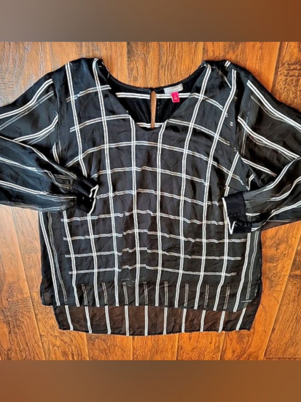 Vince Camuto Black White Plaid Sheer Long Sleeve Blouse Top size 1X